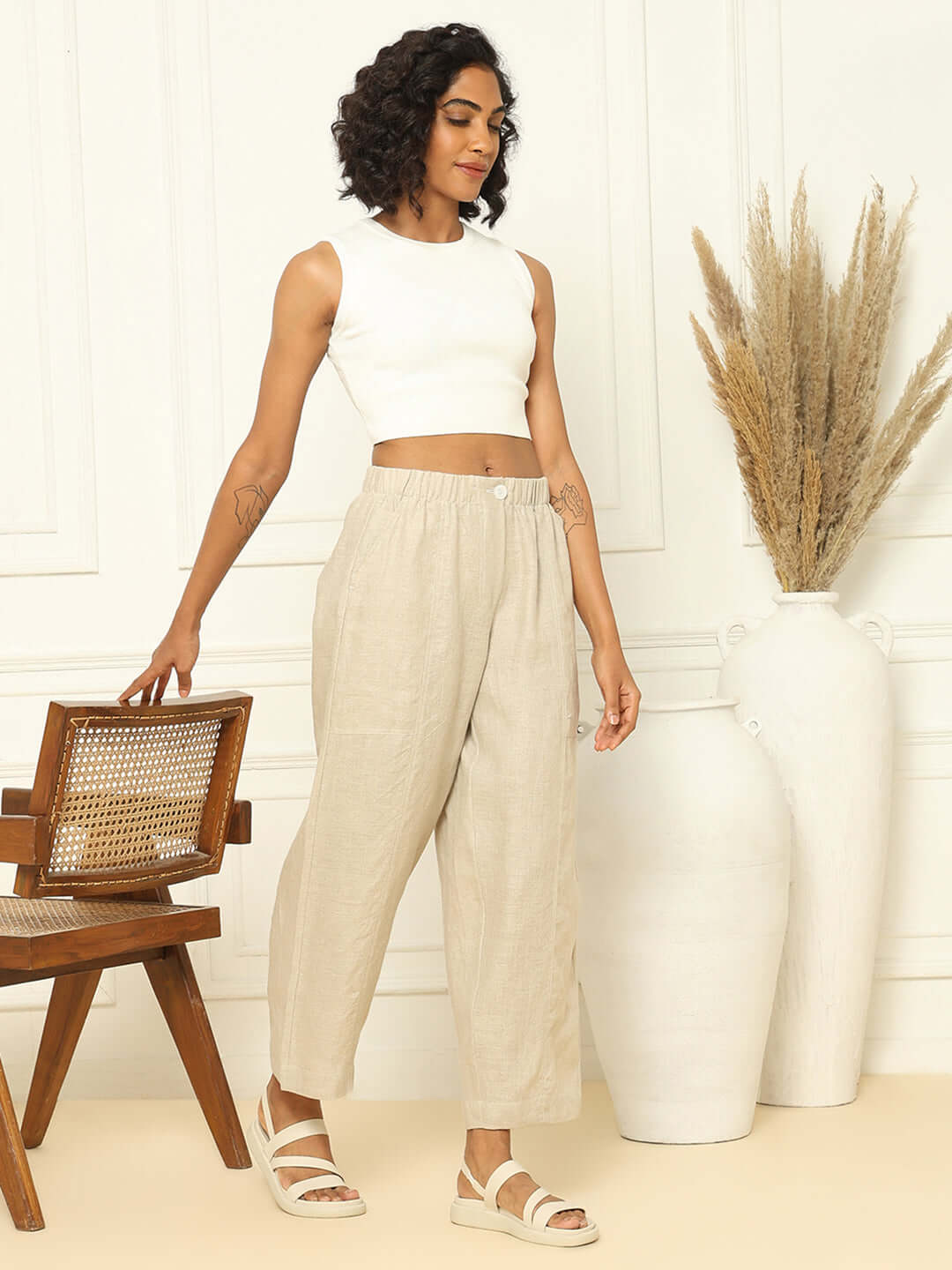 Shop-Linen Barrel Pants Beige