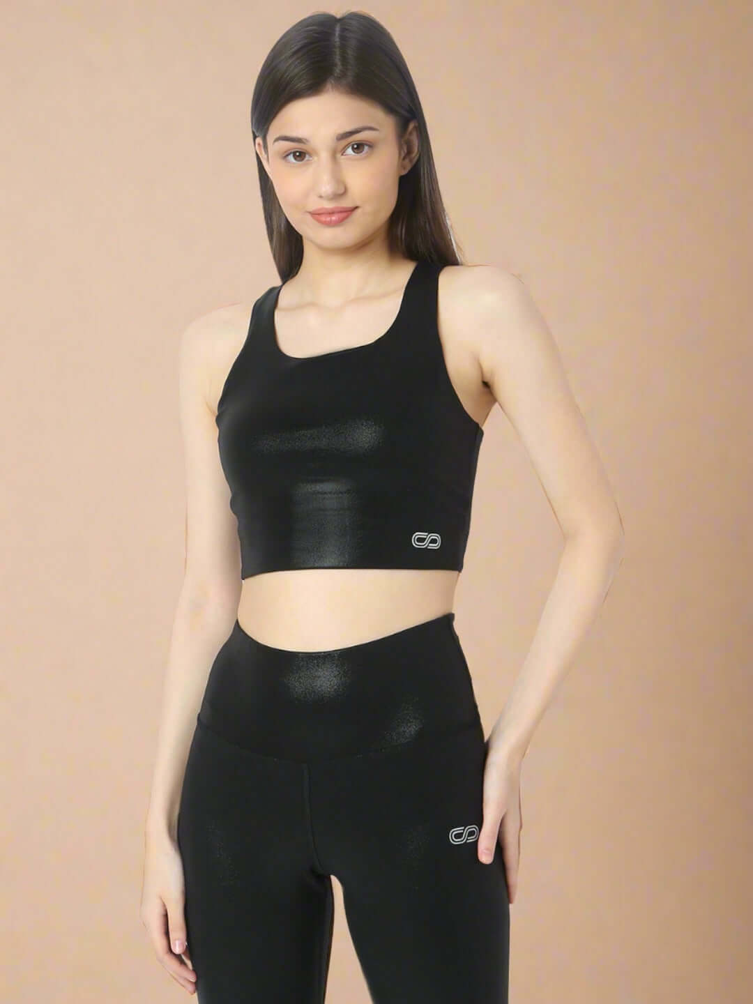 Shop-Gloss Shiny Black High Impact Action Bra and Ath Track Leggings