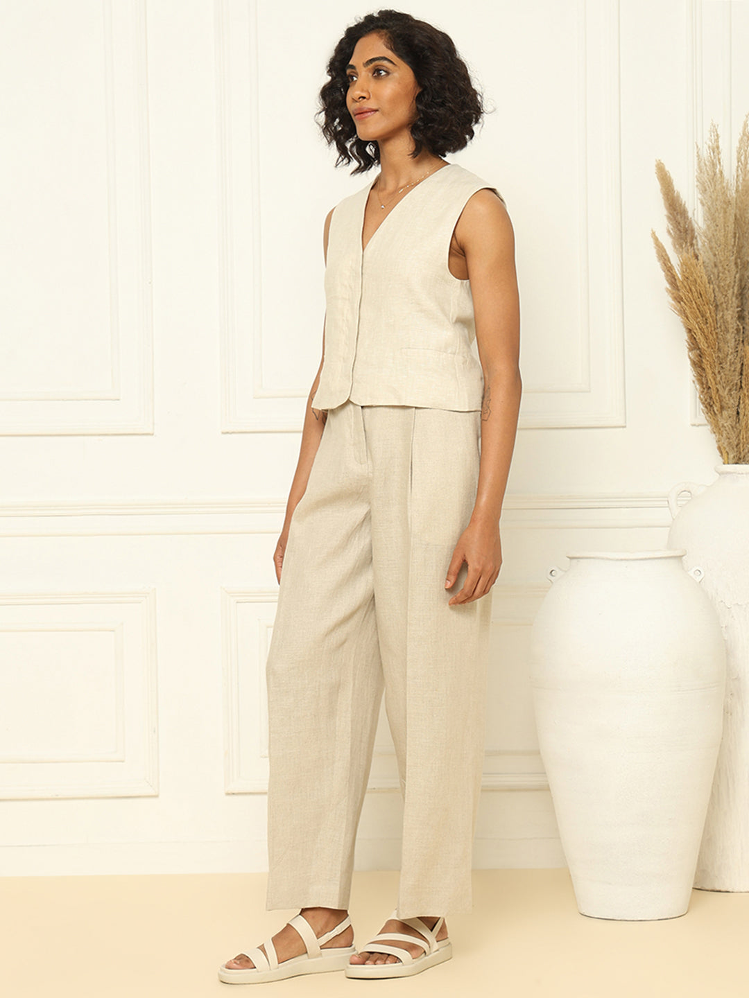 Beige Linen Waistcoat & Trousers