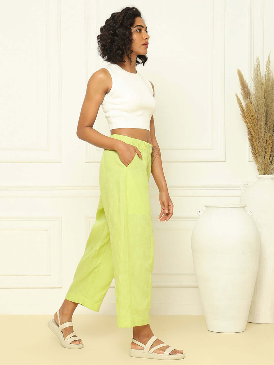 Shop-Linen Barrel Pants Lime